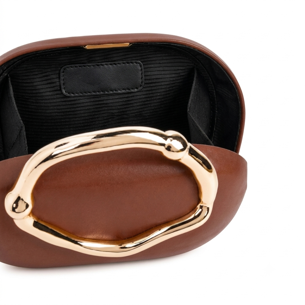Sculptural Top-Handle Clutch – Cognac Vegan Leather Bag with Gold Ring Handle