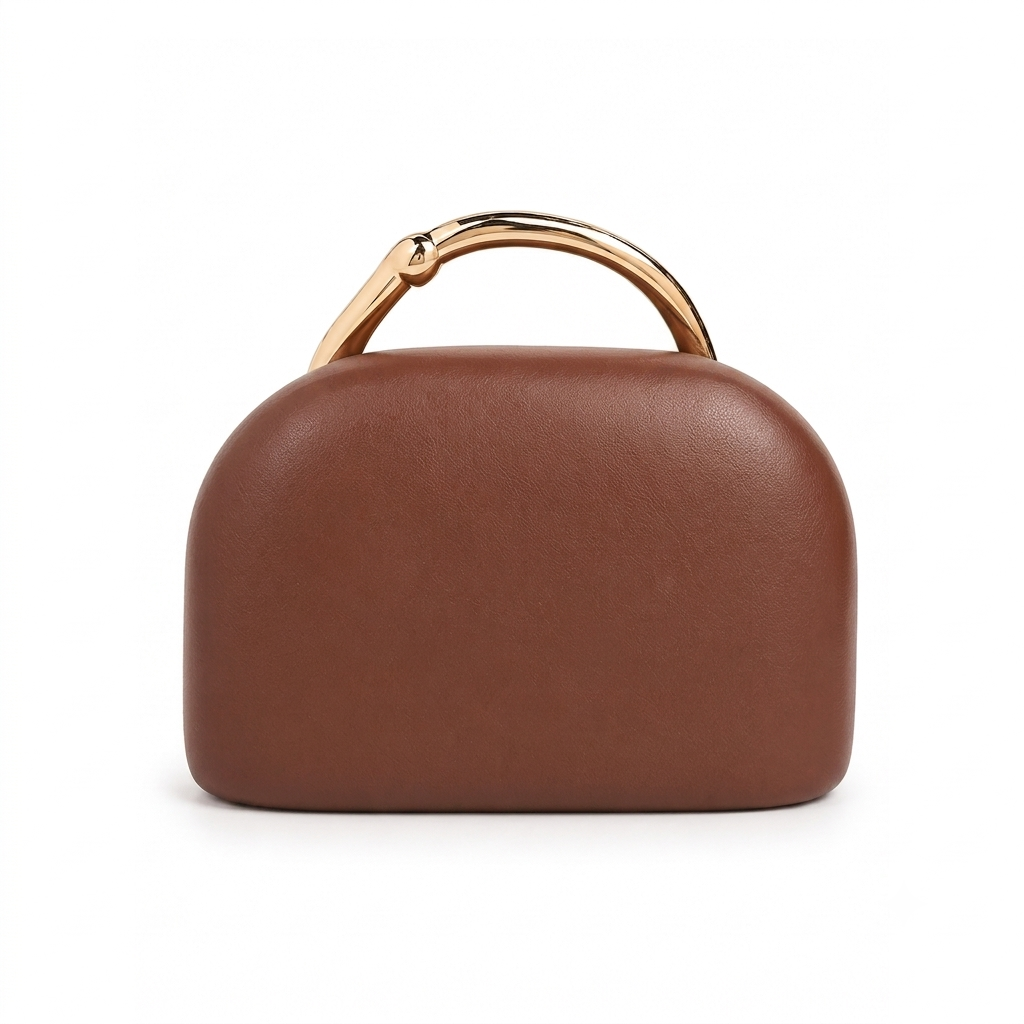 Sculptural Top-Handle Clutch – Cognac Vegan Leather Bag with Gold Ring Handle