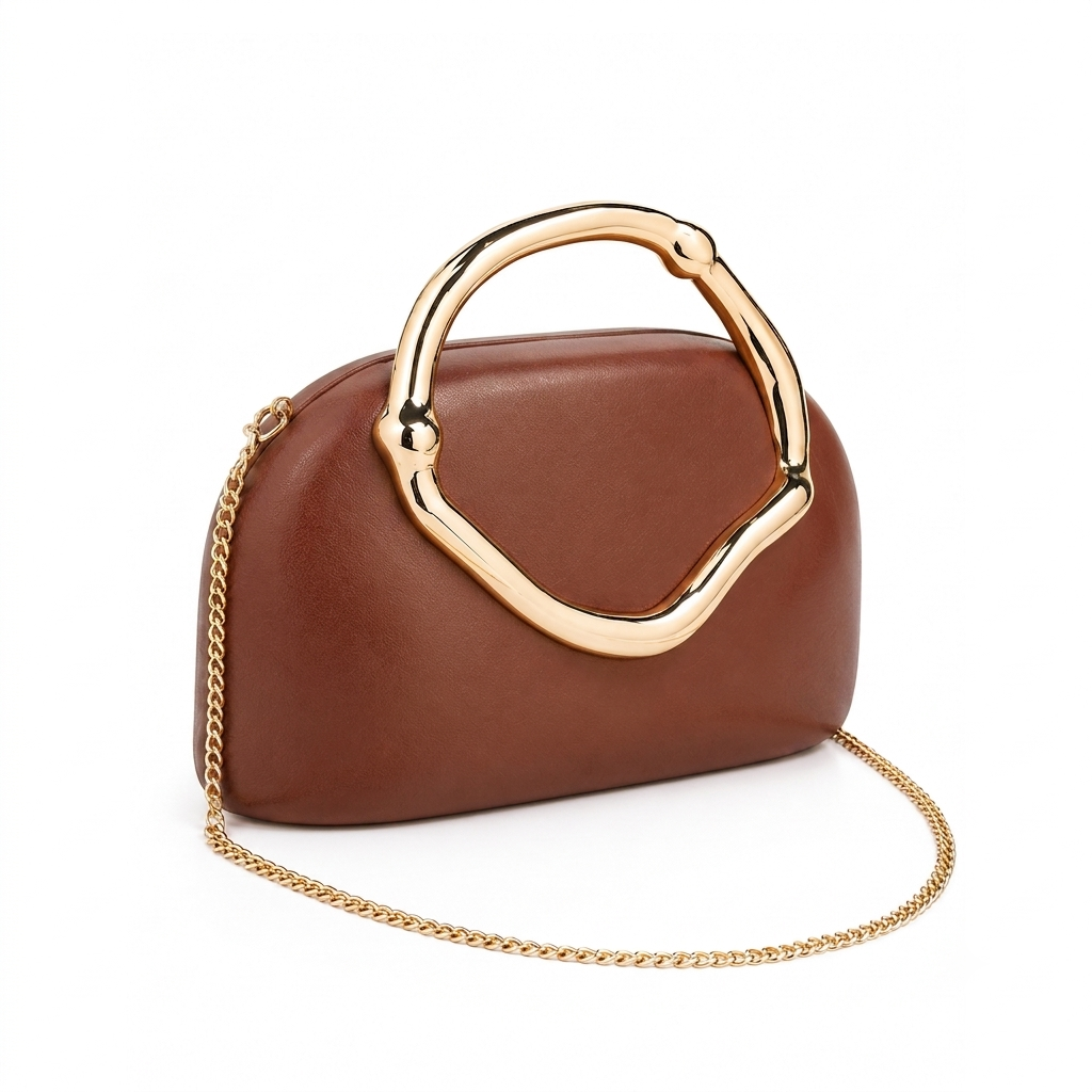 Sculptural Top-Handle Clutch – Cognac Vegan Leather Bag with Gold Ring Handle