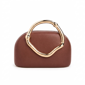 Sculptural Top-Handle Clutch – Cognac Vegan Leather Bag with Gold Ring Handle