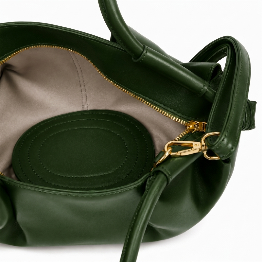 Ruched Slouchy Handbag – Forest Green Vegan Leather Top Handle Bag