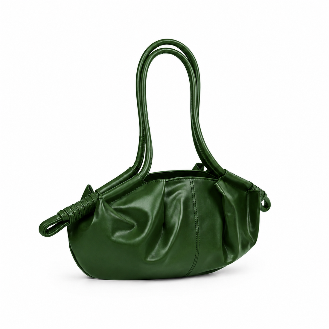 Ruched Slouchy Handbag – Forest Green Vegan Leather Top Handle Bag