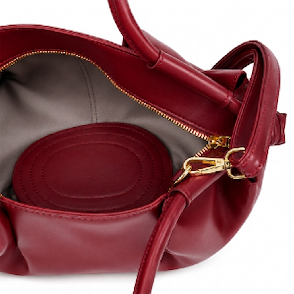 Ruched Slouchy Handbag – Burgundy Vegan Leather Top Handle Bag
