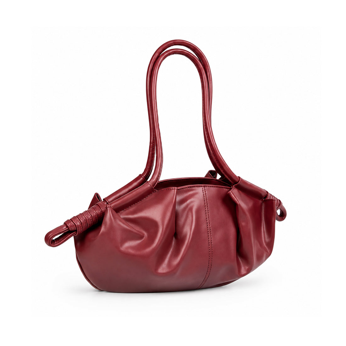 Ruched Slouchy Handbag – Burgundy Vegan Leather Top Handle Bag