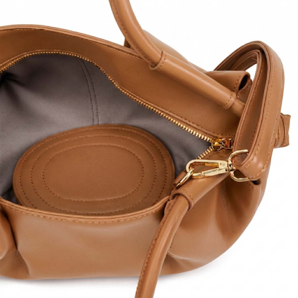 Ruched Slouchy Handbag – Caramel Vegan Leather Top Handle Bag
