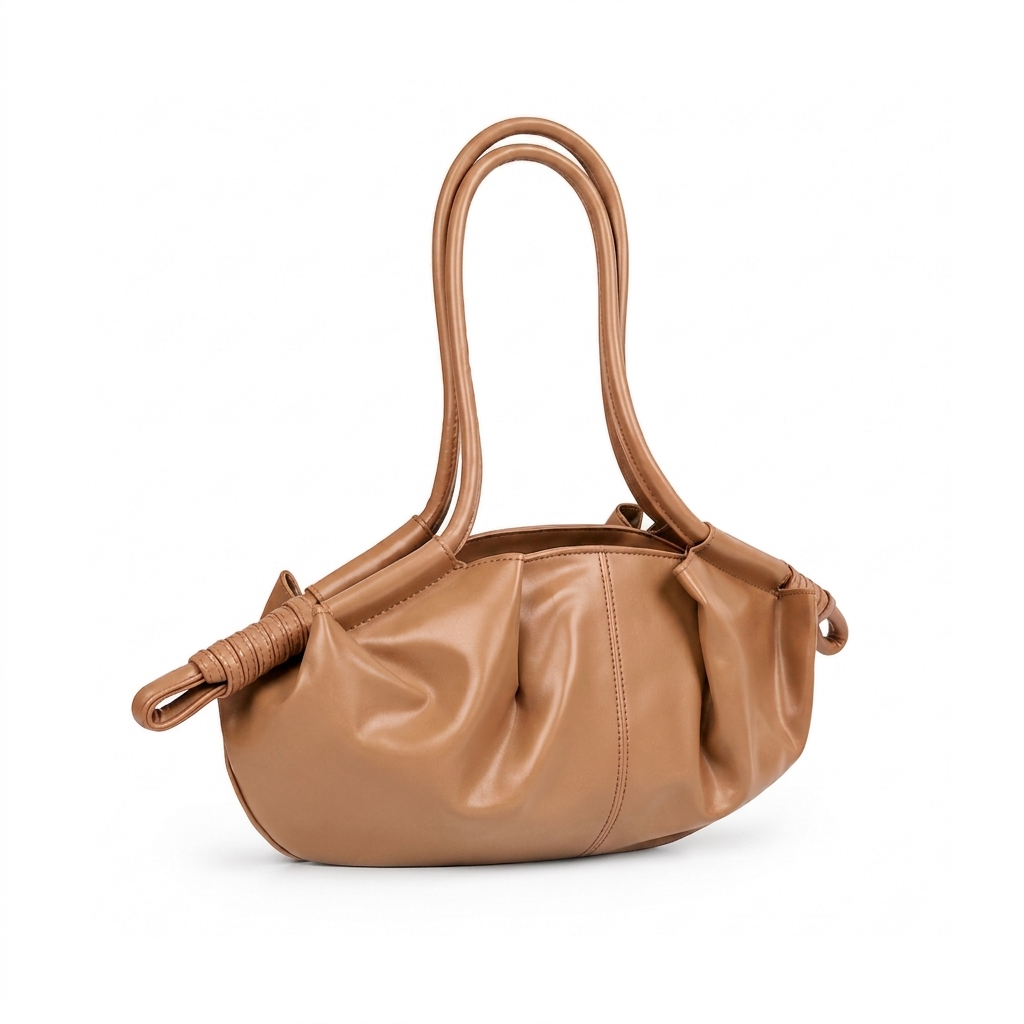 Ruched Slouchy Handbag – Caramel Vegan Leather Top Handle Bag