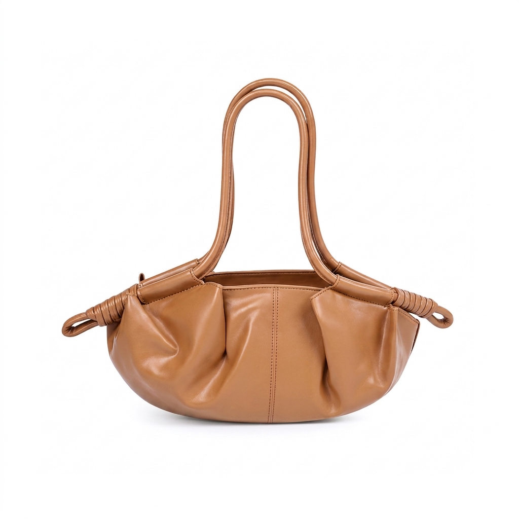 Ruched Slouchy Handbag – Caramel Vegan Leather Top Handle Bag