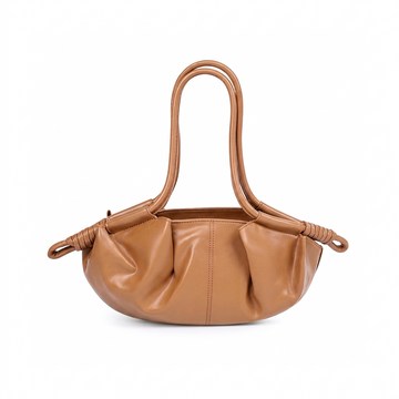 Ruched Slouchy Handbag – Caramel Vegan Leather Top Handle Bag