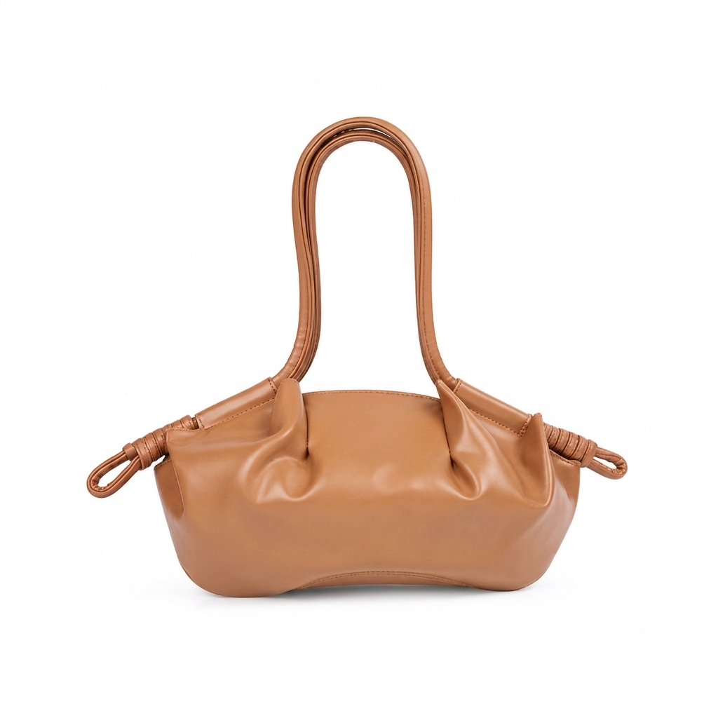 Ruched Slouchy Handbag – Caramel Vegan Leather Top Handle Bag
