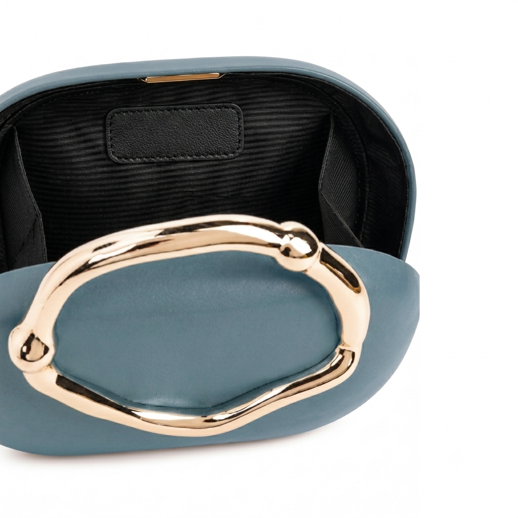 Sculptural Top-Handle Clutch – Slate Blue Vegan Leather Bag with Gold Ring Handle