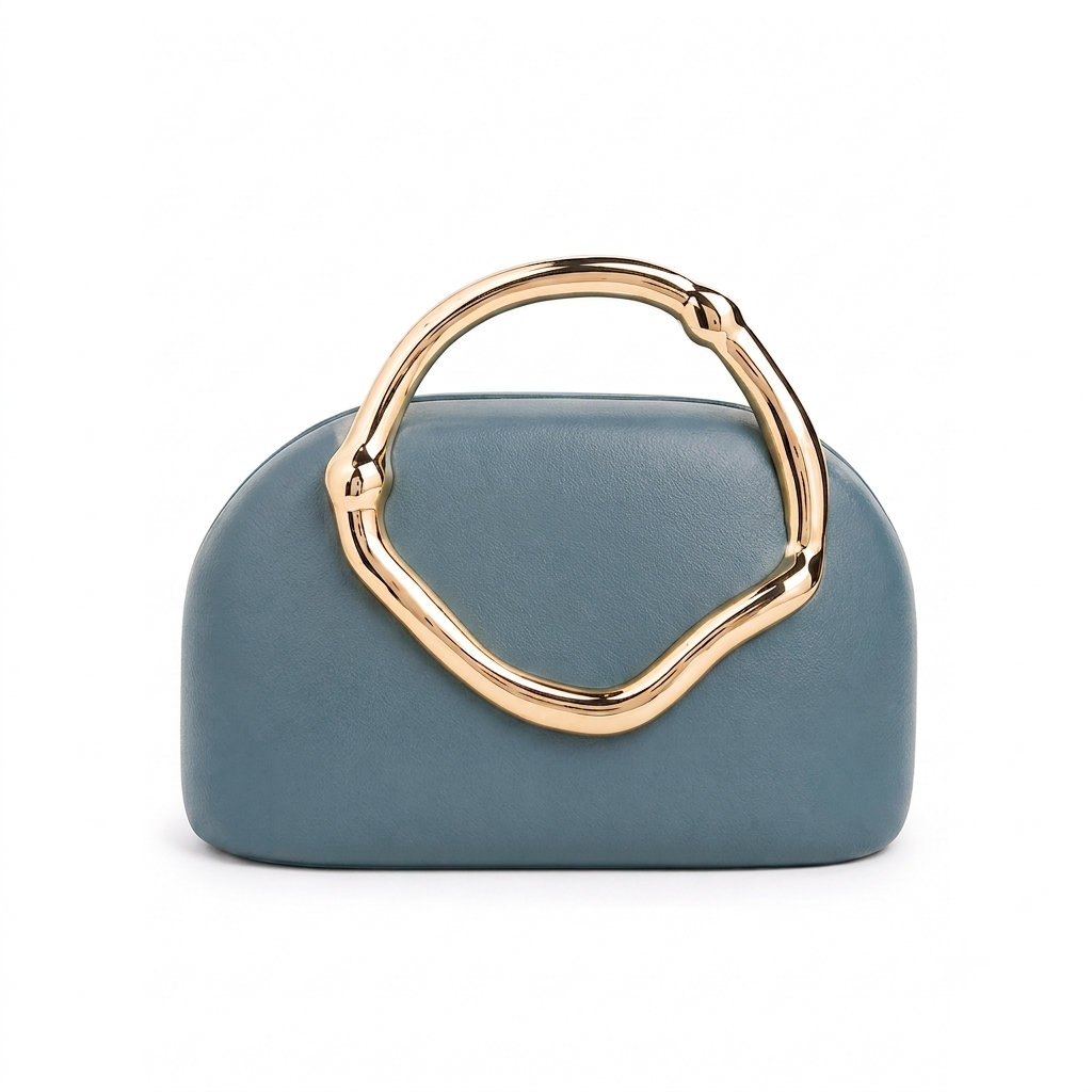 Sculptural Top-Handle Clutch – Slate Blue Vegan Leather Bag with Gold Ring Handle