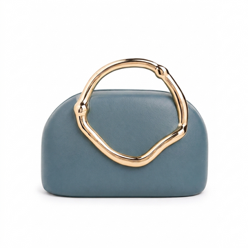 Sculptural Top-Handle Clutch – Slate Blue Vegan Leather Bag with Gold Ring Handle