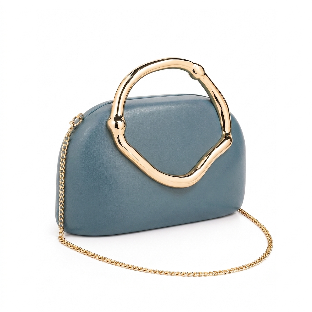 Sculptural Top-Handle Clutch – Slate Blue Vegan Leather Bag with Gold Ring Handle