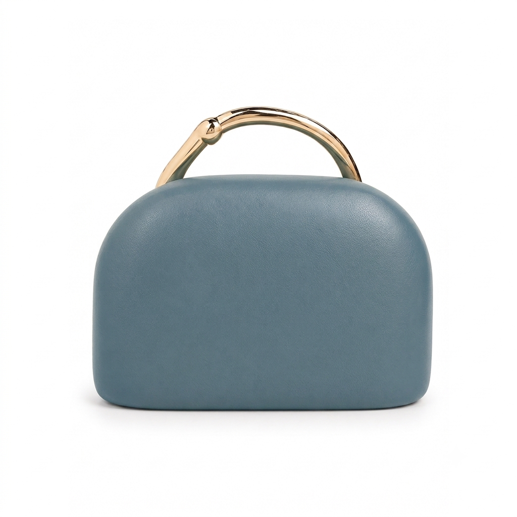 Sculptural Top-Handle Clutch – Slate Blue Vegan Leather Bag with Gold Ring Handle