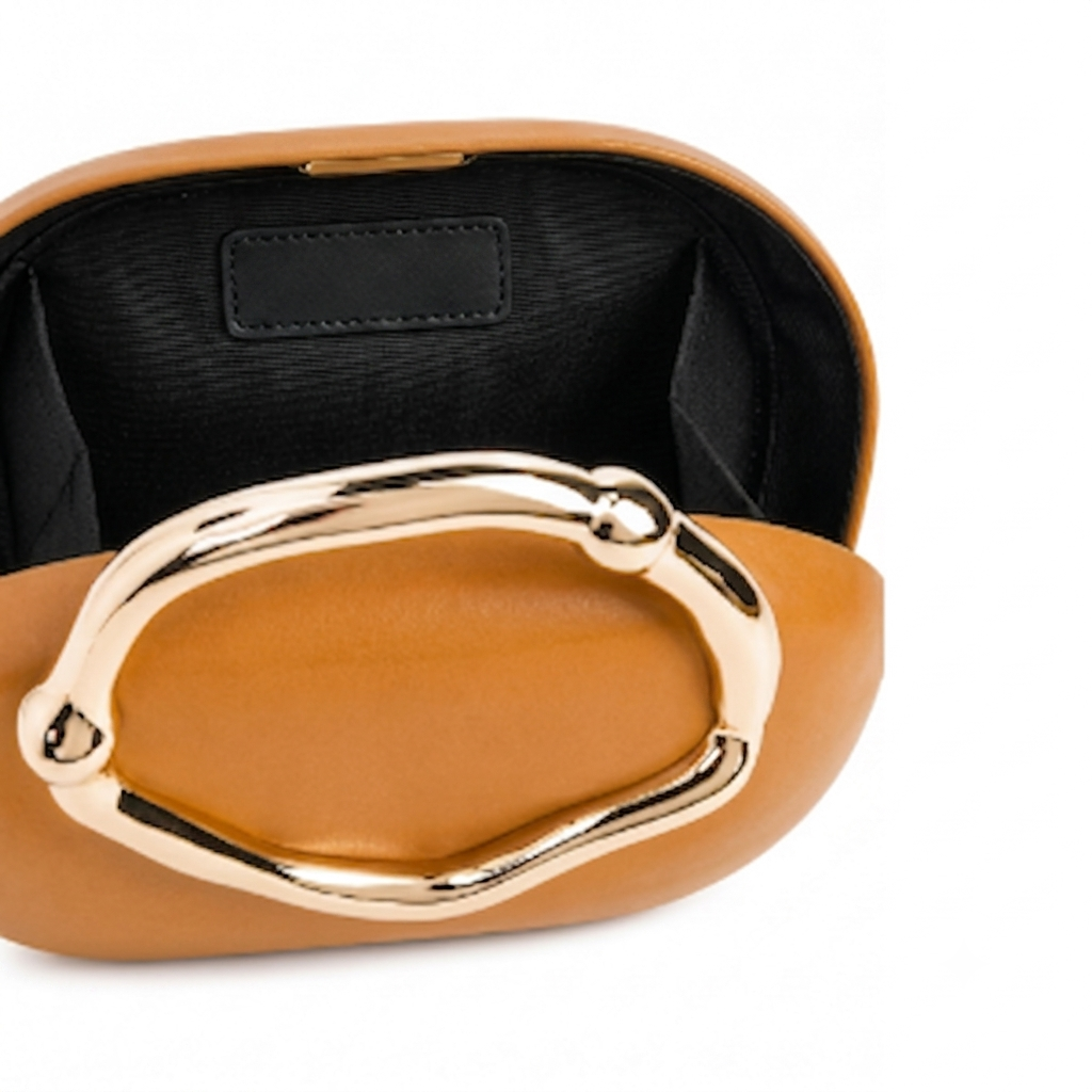 Sculptural Top-Handle Clutch – Amber Vegan Leather Bag with Gold Ring Handle