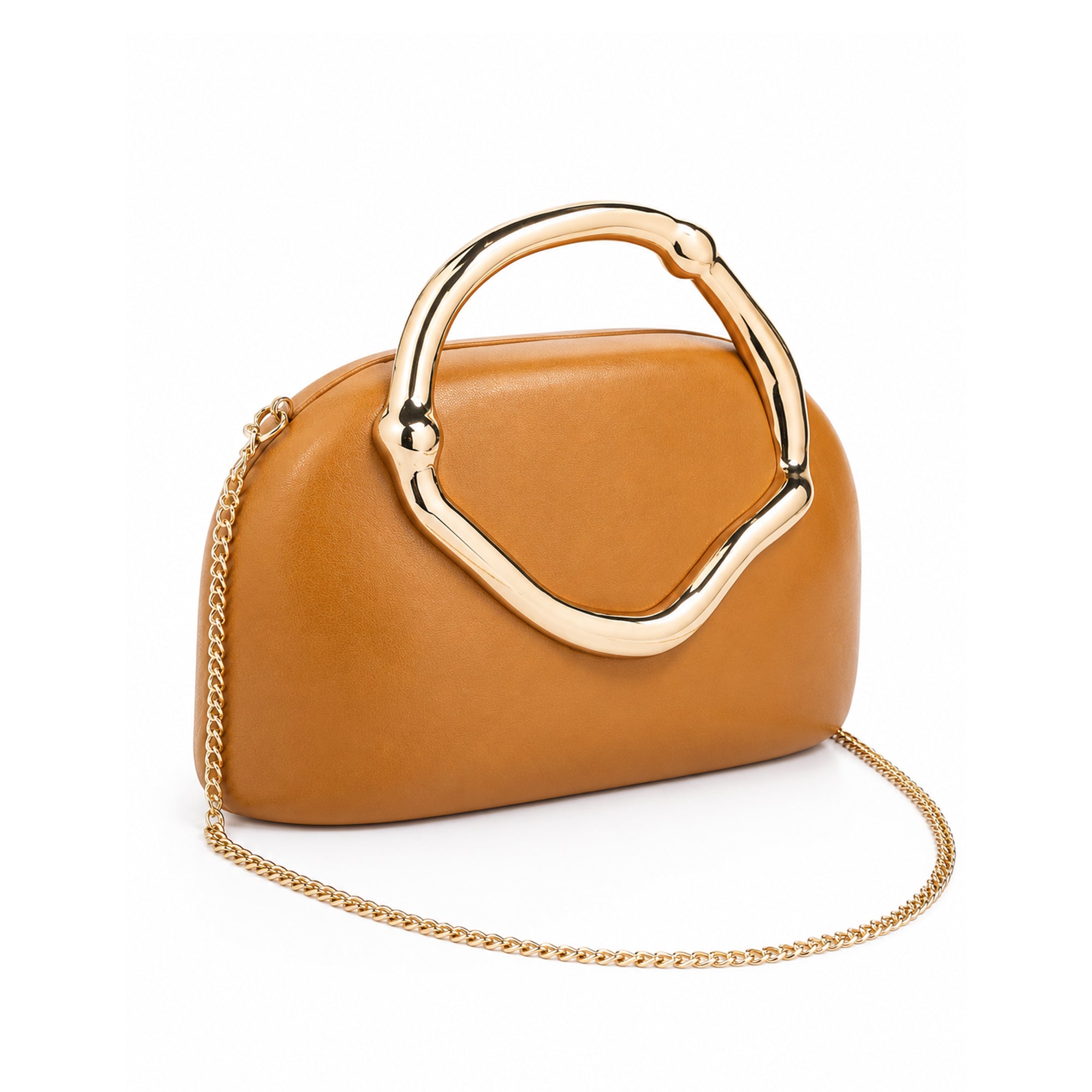 Sculptural Top-Handle Clutch – Amber Vegan Leather Bag with Gold Ring Handle