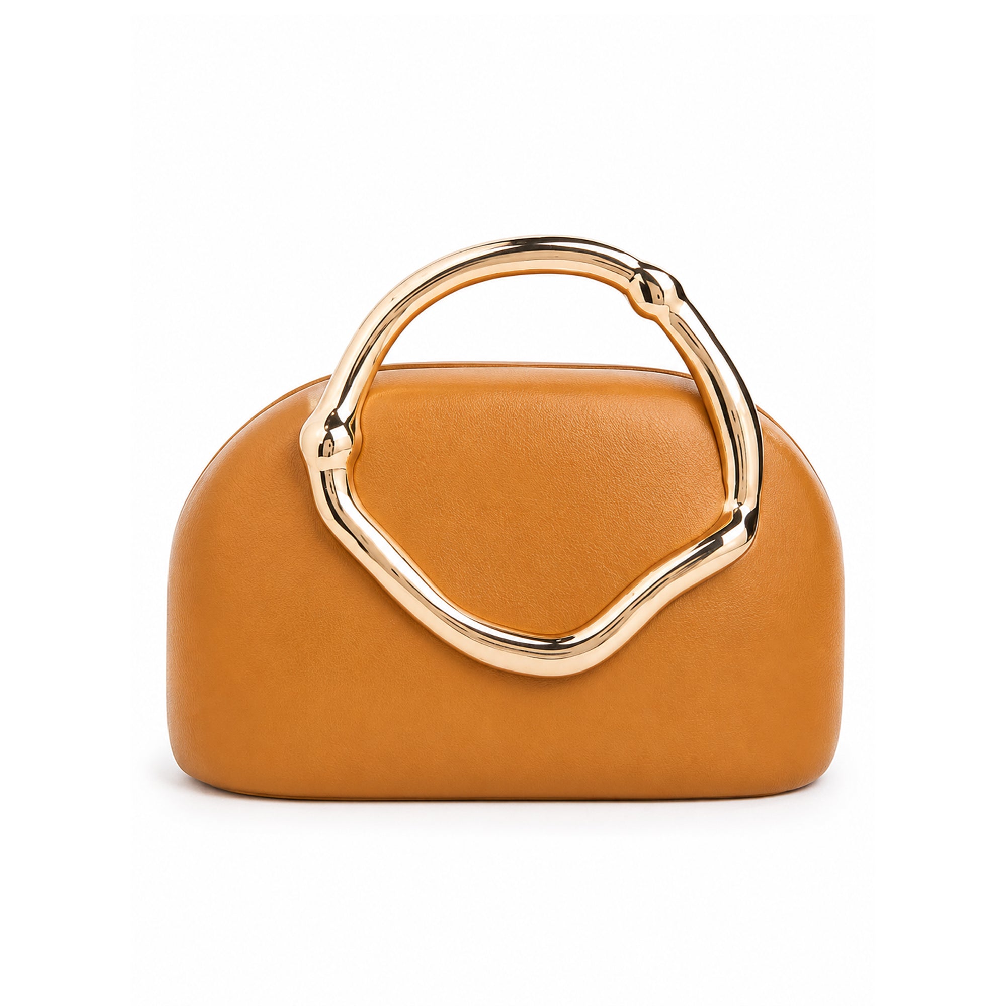Sculptural Top-Handle Clutch – Amber Vegan Leather Bag with Gold Ring Handle